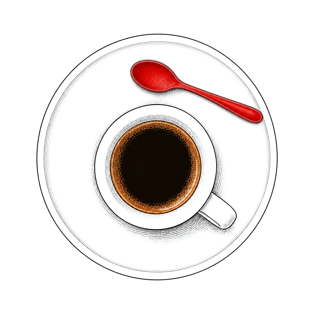 Gezeichnete Espressotasse von oben, daneben ein roter Löffel